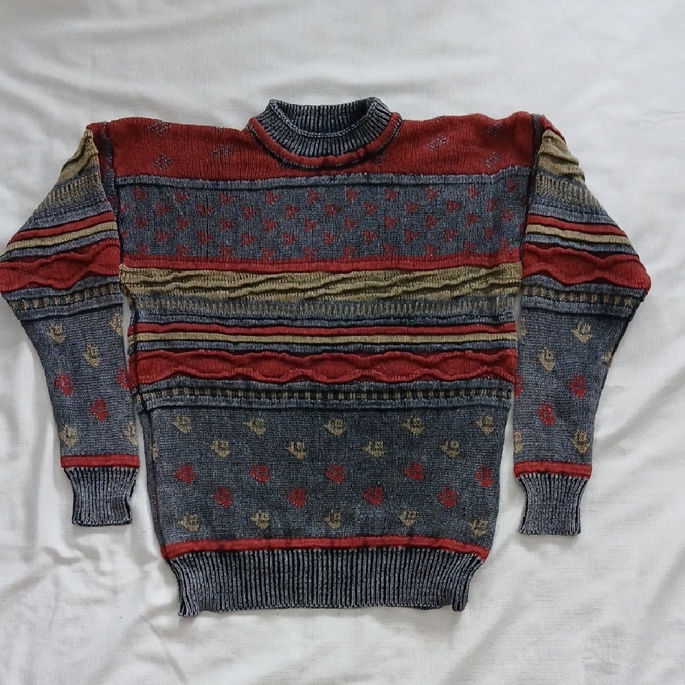 Men's Kijo Red and Gray Patterned Crewneck Sweater
